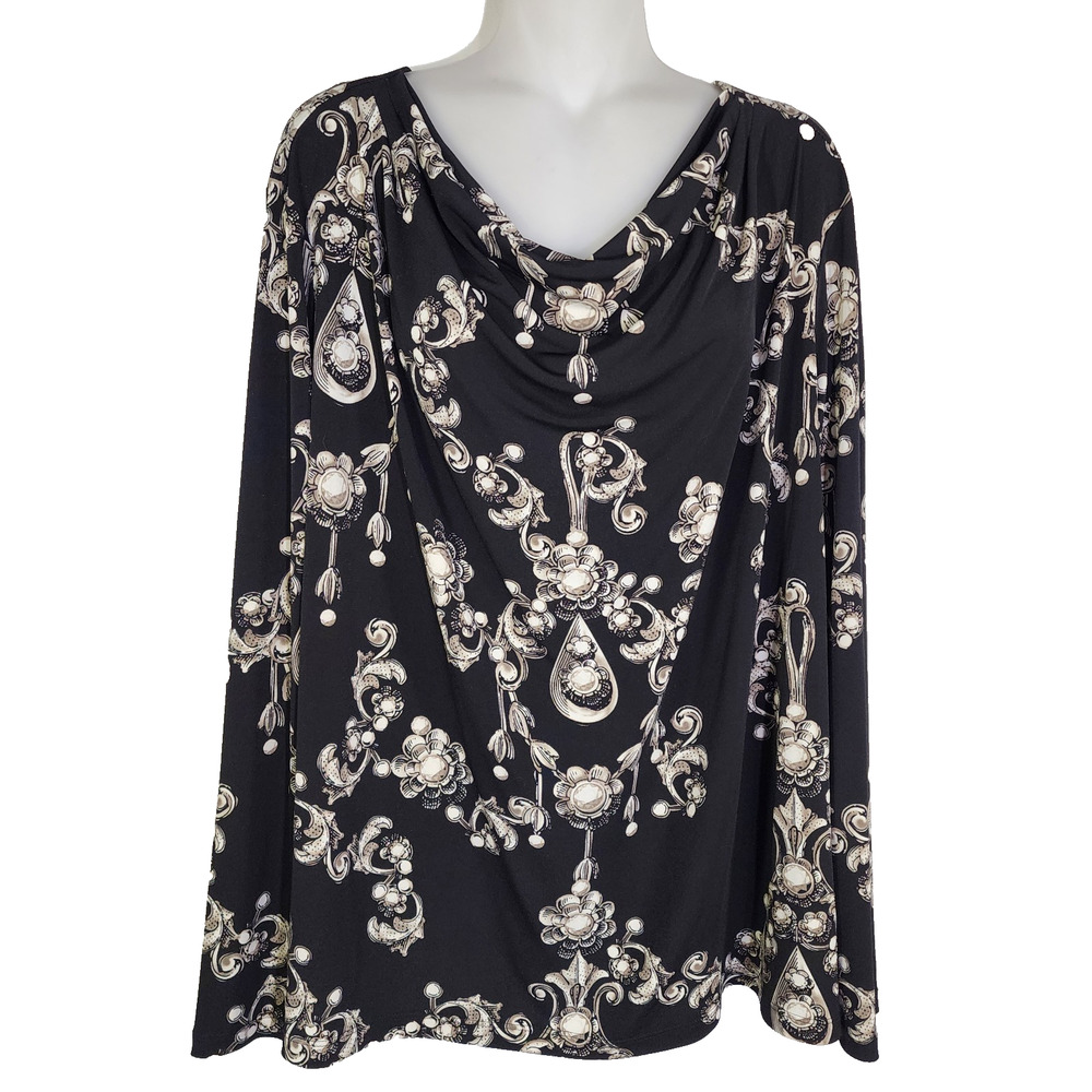 Chico's Womens Blouse 3 Size XL Draped Cowl Floral Jewel Print Stretch Pullover